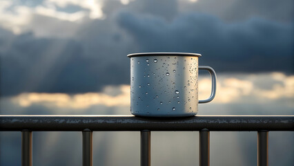 White enamel mug with raindrops on railing against stormy sky