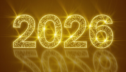 Illustration of abstract neon light with the numbers 2026 on a reflective floor against a yellow background - represents the new year - vacation concept.