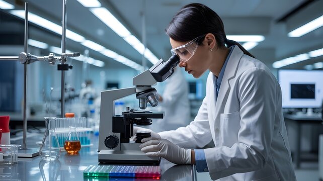 Scientist examining samples through microscope in high-tech laboratory, wearing protective eyewear, symbolizing scientific research, biotechnology, medical innovation, and laboratory analysis