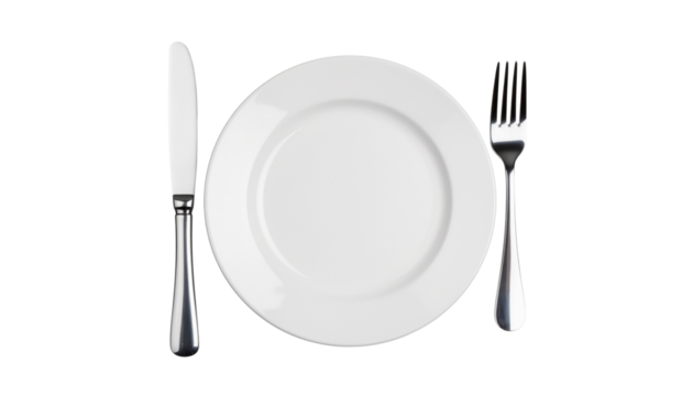 Plate and cutlery on transparent background. png file