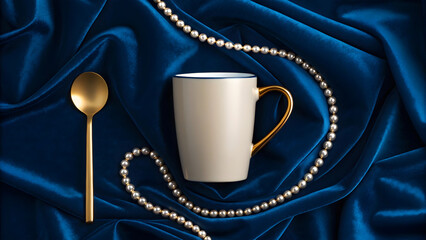 White mug gold spoon pearl necklace on blue velvet