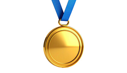 Simple gold medal hangs by blue ribbon against black background