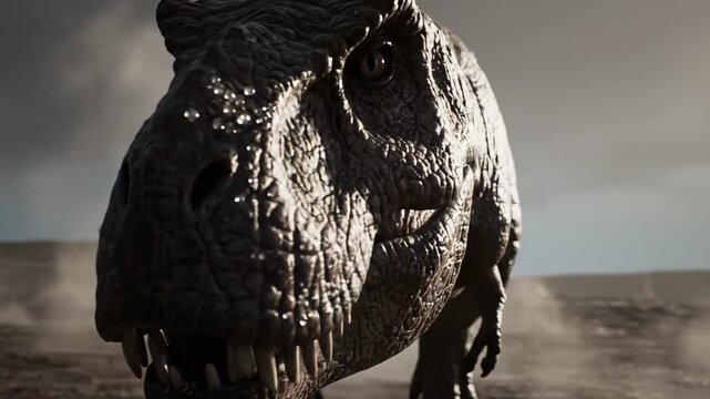 A realistic 3D-rendered dinosaur, capturing intense detail in its scales and fierce expression, stands prominently in a barren landscape under dramatic lighting - tyrannosaurus rex head