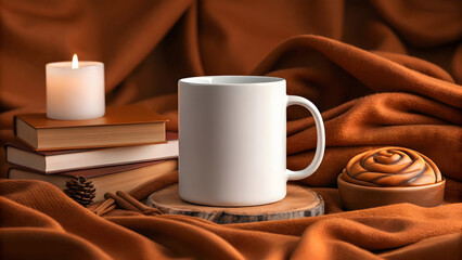 White mug mockup on burnt orange textured blanket with books