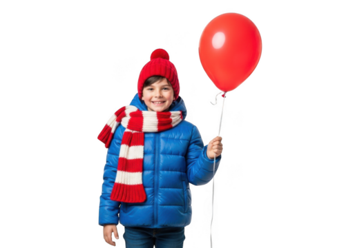 Joyful young boy wearing a blue winter coat red knitted hat and striped scarf holding a bright red balloon isolated on transparent background