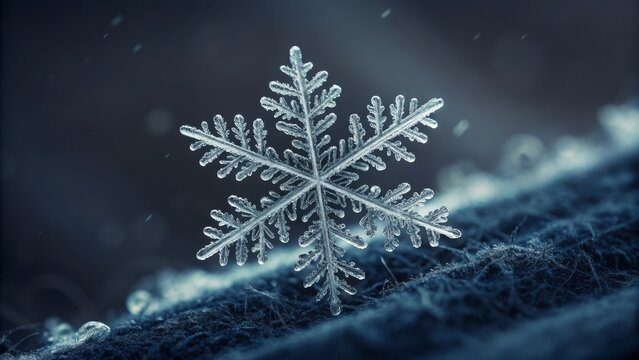 beautiful natural hexagonal snow crystal closeup on icy blue fibrous surface with water drops macro winter background - Powered by Adobe