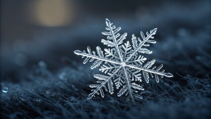 shimmering close up of a delicate six-pointed natural snowflake resting on a textured dark blue cold surface abstract winter beauty