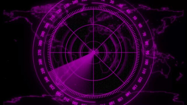 Abstract Digital Hud call Radar screen animation. Glowing pink color neon security concept Rader animation on world map background.