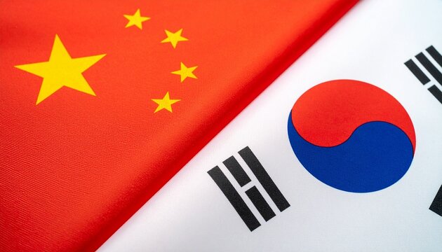 China and South Korea flags side by side, symbolizing bilateral relations.