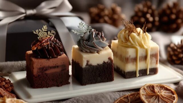 Savor the beauty of exquisite holiday desserts arranged on a plate. Each treat features rich flavors and ornate decorations perfect for festive celebrations.