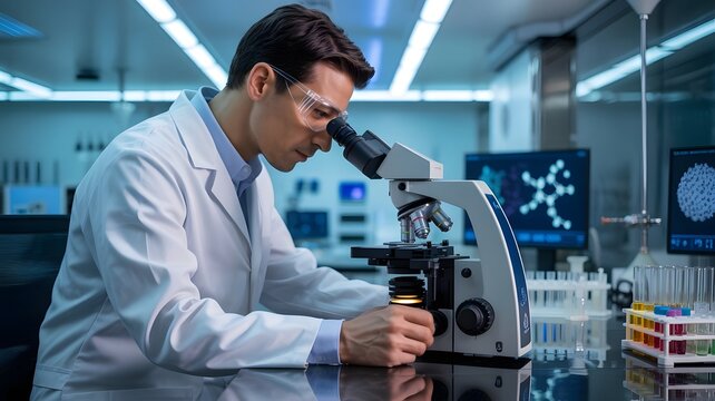 Scientist examining samples through microscope in high-tech laboratory, wearing protective eyewear, symbolizing scientific research, biotechnology, medical innovation, and laboratory analysis - Powered by Adobe