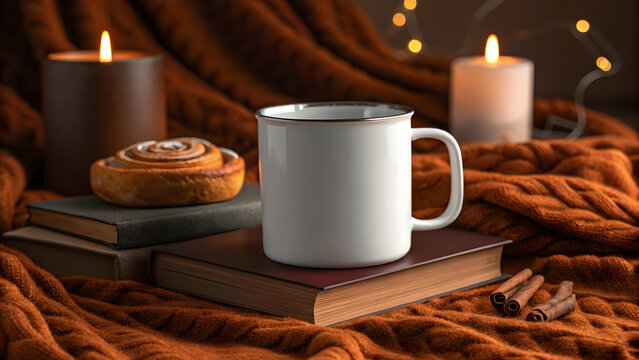 White mug on books with cinnamon roll and candles image