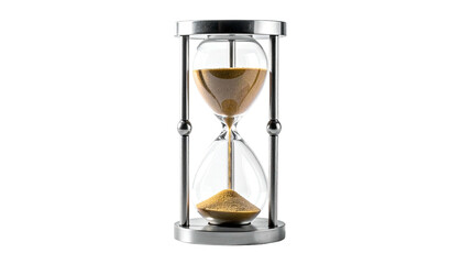 Hourglass with gold sand flowing against black backdrop