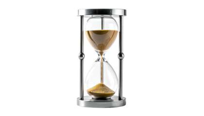 Hourglass with gold sand flowing against black backdrop