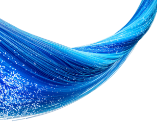 Close-up of flowing, illuminated, blue-colored optical fibers against a dark background, suggesting data transfer