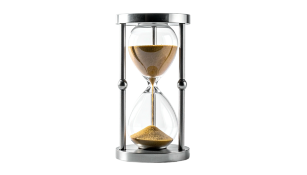 Hourglass with gold sand flowing against black backdrop