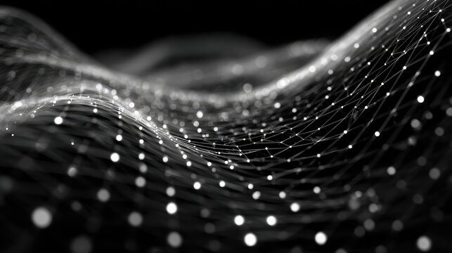 Digital network connecting data points in abstract wavy matrix