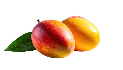 Two ripe mangoes with a leaf on a black background