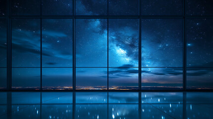 A large window is visible from a room. A magical night sky. A breathtaking night view seen through the window.
