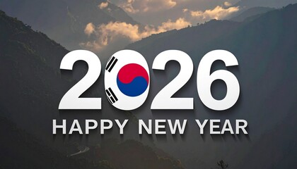 2026 New Year greeting with South Korean flag in mountain sunrise scene.