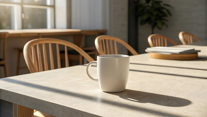 White mug on light table with wooden chairs and sunlight