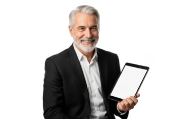 Smiling mature businessman with gray hair and beard wearing a suit holding a tablet computer isolated on transparent background