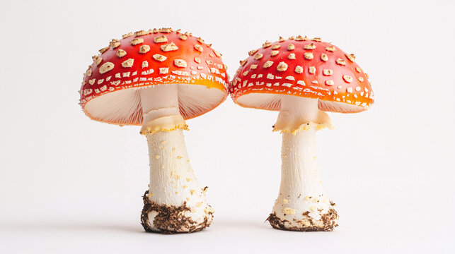 Two vibrant fly agaric mushrooms stand side-by-side, their bright red caps and delicate white spots creating a striking display of nature's beauty