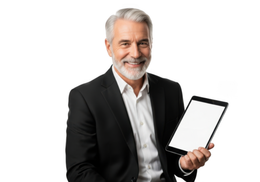 Smiling mature businessman with gray hair and beard wearing a suit holding a tablet computer isolated on transparent background