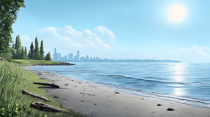 A coastal park scene inspired. In the foreground, a soft sandy beach transitions into grassy park areas with scattered driftwood and stones. The midground shows calm blue water reflecting the sunlight
