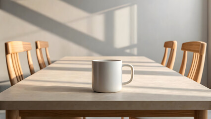 White mug on light wood table with chairs and window light