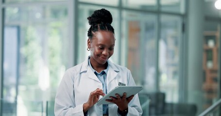 Thinking, doctor and black woman with smile, tablet and choice with decision, internet and healthcare. Person, medical service and gp in clinic, tech and research with email, solution and planning - Powered by Adobe