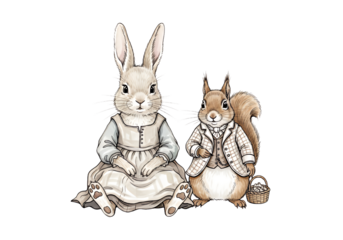 Charming whimsical bunny and squirrel in vintage attire, evoking nostalgia and storybook magic, perfect for children's illustrations and classic tale adaptations