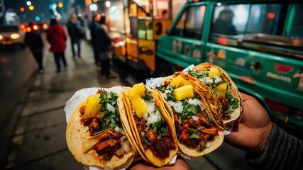 A person holds delicious tacos filled with vibrant ingredients while bustling street life unfolds in the background. The atmosphere is lively with colorful lights illuminating the scene.