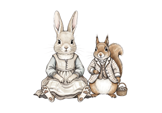 Charming whimsical bunny and squirrel in vintage attire, evoking nostalgia and storybook magic, perfect for children's illustrations and classic tale adaptations