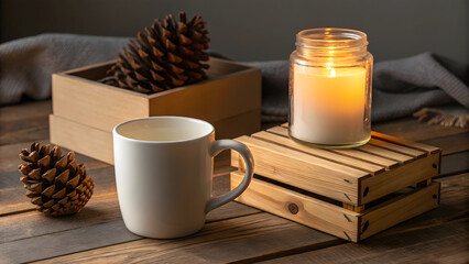 White mug pine cones lit candle on wooden table pinecone