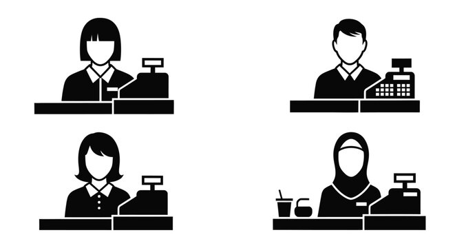 Diverse cashier staff vector icon set retail checkout person illustration
