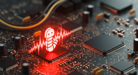 A digital worm infiltrates and disrupts the intricate pathways of a computer's central processing unit, symbolizing the vulnerability of data in the digital age.
