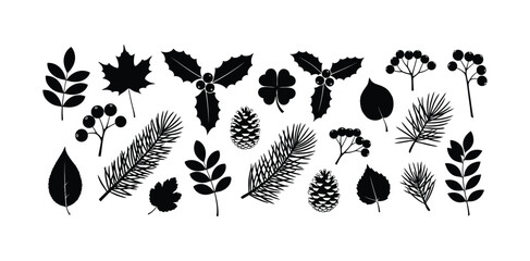 Black vector silhouettes set of floral plants, leaves, and branches for nature design elements and patterns