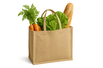 Jute reusable shopping bag full of groceries, fresh organic produce, vegetables, bread loaf, promoting eco food lifestyle
