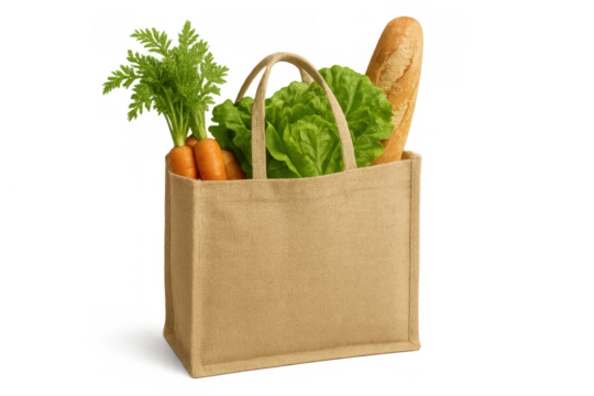 Jute reusable shopping bag full of groceries, fresh organic produce, vegetables, bread loaf, promoting eco food lifestyle - Powered by Adobe