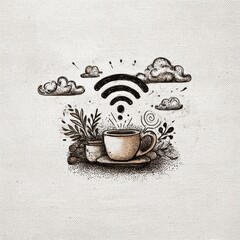 Savoring coffee while connecting to wifi cozy rustic  digital art whimsical setting inviting atmosphere creative inspiration