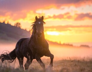 夕日に染まる草原を馬が力強く駆ける、美しい光と大自然が広がる躍動感あふれる風景