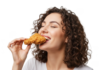 A young woman with curly brown hair joyfully bites into a crispy golden fried chicken drumstick isolated on transparent background