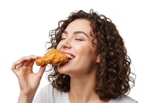 A young woman with curly brown hair joyfully bites into a crispy golden fried chicken drumstick isolated on transparent background