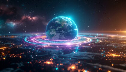 Global Data Collection - Earth Hologram with Colorful Spectrum Ring