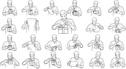 Detailed Line Art Illustrations of Men Opening and Unwrapping Gifts or Reading Envelopes, Depicting Various Actions and Stages of Receiving a Present or a Message