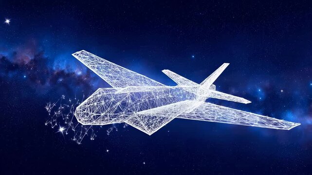 Futuristic stylized aircraft in cosmic space representation