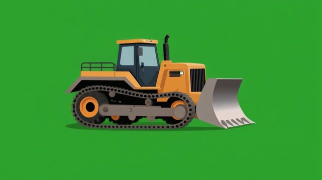 Yellow bulldozer with a large metal blade on a green background illustration