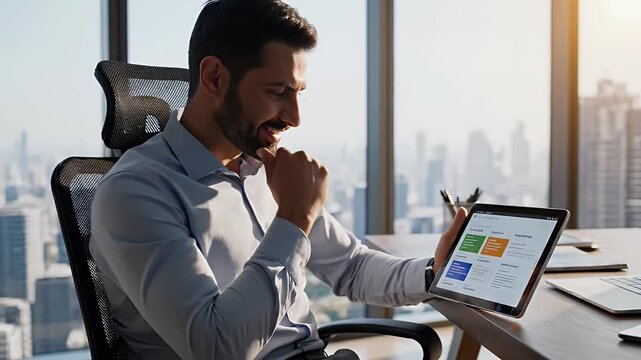Professional man working on a tablet in a modern office with large windows and a cityscape view during daytime