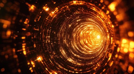 Digital data flowing through abstract orange tunnel network